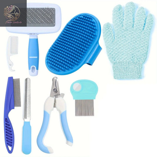 Blue 8-Piece Pet Grooming Kit - Nail Clippers, Slicker Brush, Flea Comb & Bath Glove for Dogs Cats Rabbits, Complete Home Care Pet Set