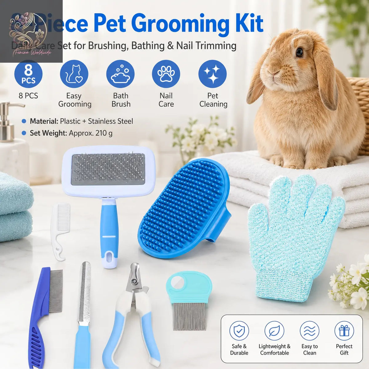 Blue 8-Piece Pet Grooming Kit - Nail Clippers, Slicker Brush, Flea Comb & Bath Glove for Dogs Cats Rabbits, Complete Home Care Pet Set