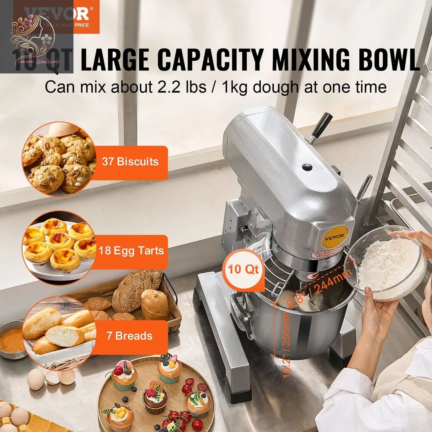 Commercial Food Mixer, 10L Commercial Stand Mixer with 3 Adjustable Speeds, 550W Dough Mixer with Stainless Steel Bowl and 3 Mixing Attachments, Ideal for Restaurant, Bakery, Pastry shop, Cafe