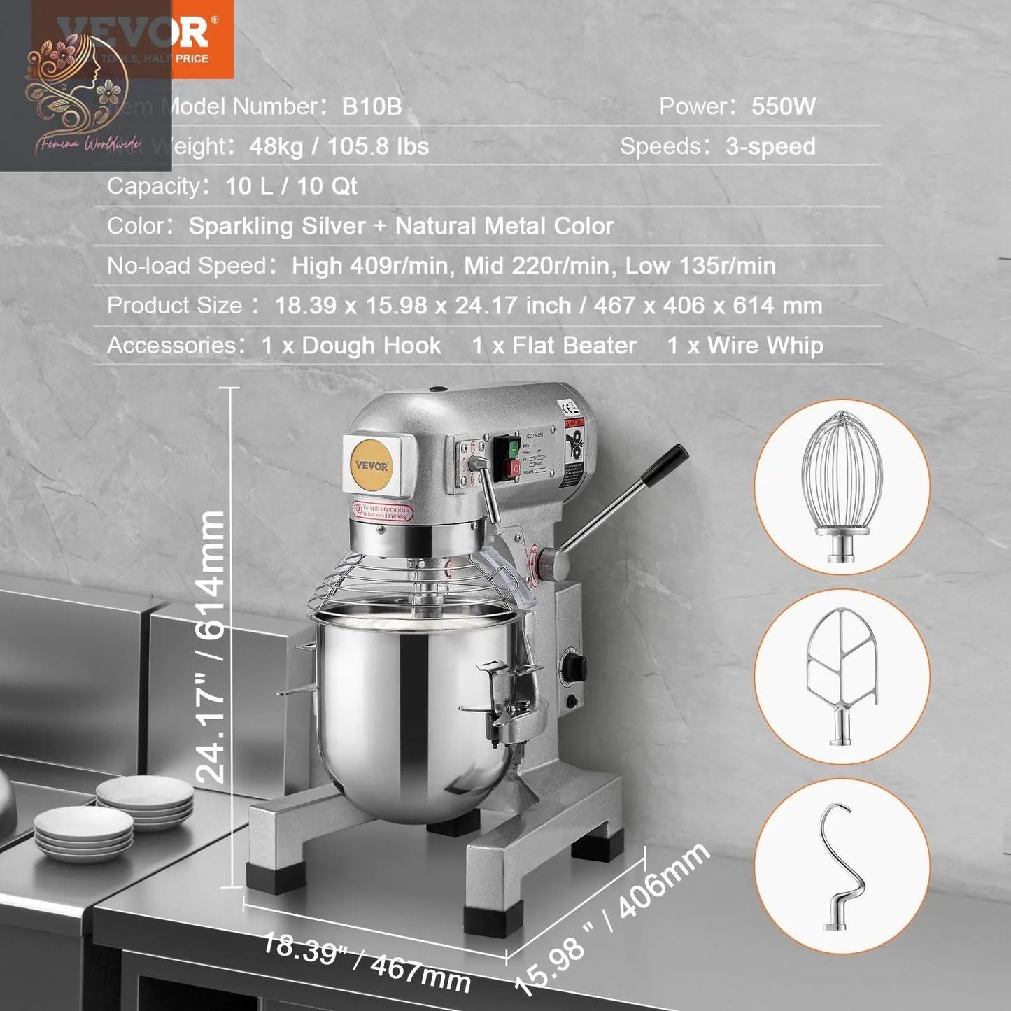 Commercial Food Mixer, 10L Commercial Stand Mixer with 3 Adjustable Speeds, 550W Dough Mixer with Stainless Steel Bowl and 3 Mixing Attachments, Ideal for Restaurant, Bakery, Pastry shop, Cafe
