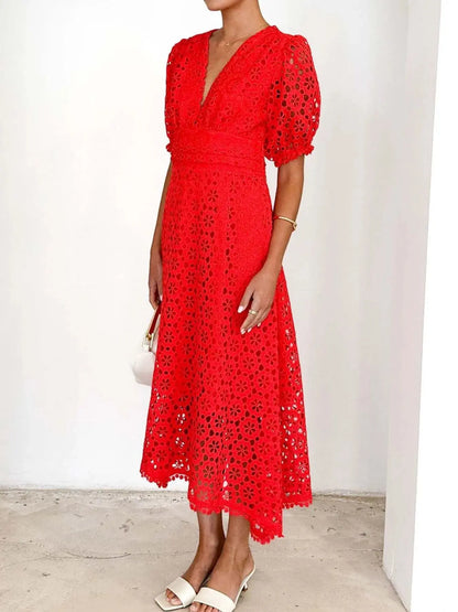 Eyelet Lace V-Neck Midi Dress with Puff Sleeves Crimson Medea