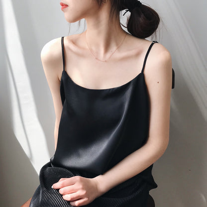 Summer New Inner Wear Single Wear Textured Satin Spaghetti Strap Small Sling Vest For Women
