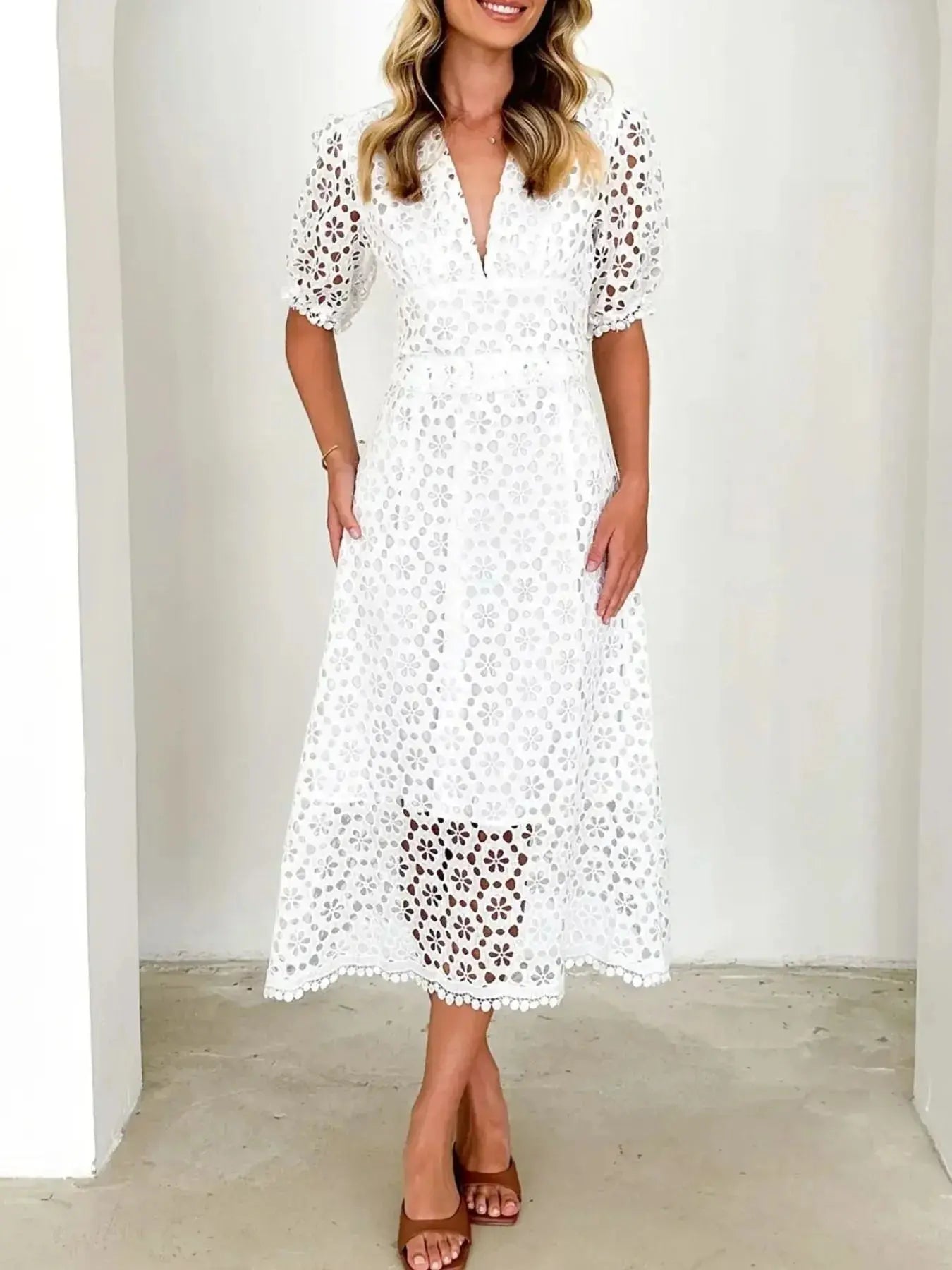 Eyelet Lace V-Neck Midi Dress with Puff Sleeves Crimson Medea