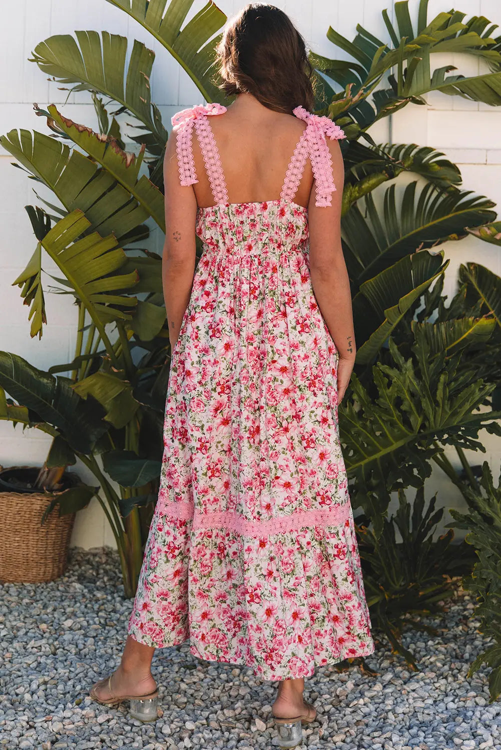 Pink Floral Lace Tied Strap Empire Waist Maxi Dress Dear-Lover Dropshipping