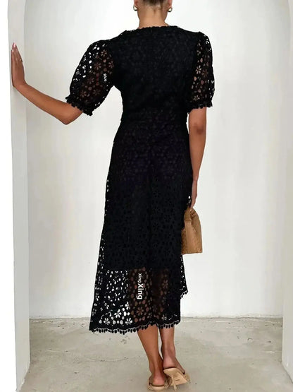 Eyelet Lace V-Neck Midi Dress with Puff Sleeves Crimson Medea