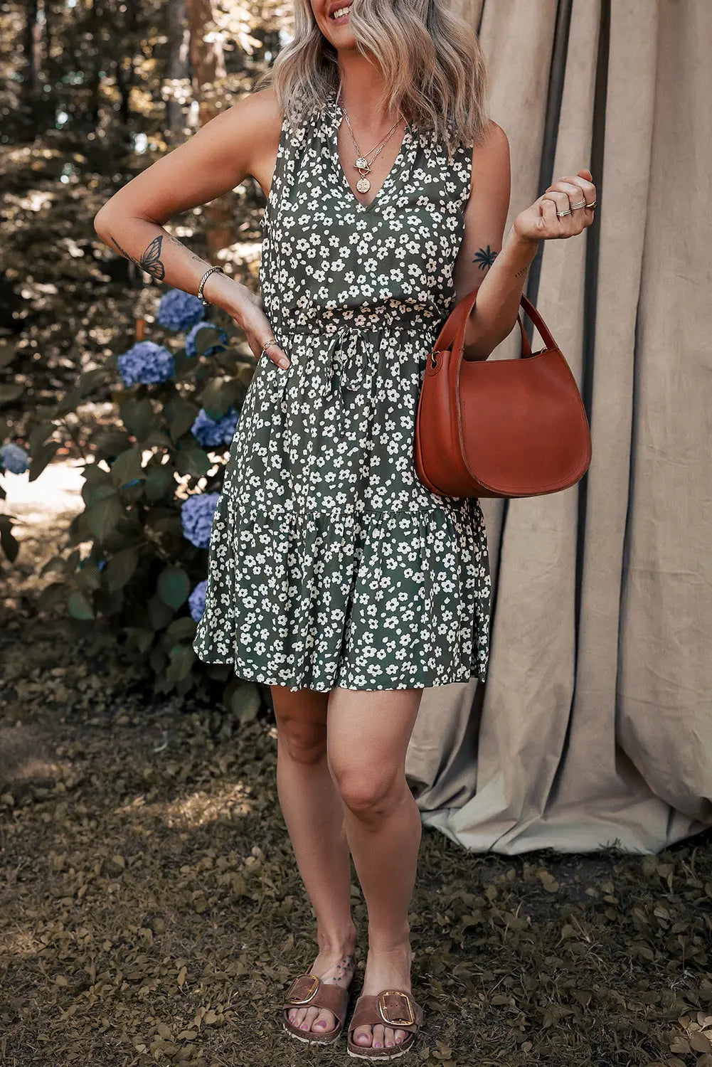 Green Boho Floral Print V Neck Tunic Sleeveless Dress Dear-Lover Dropshipping