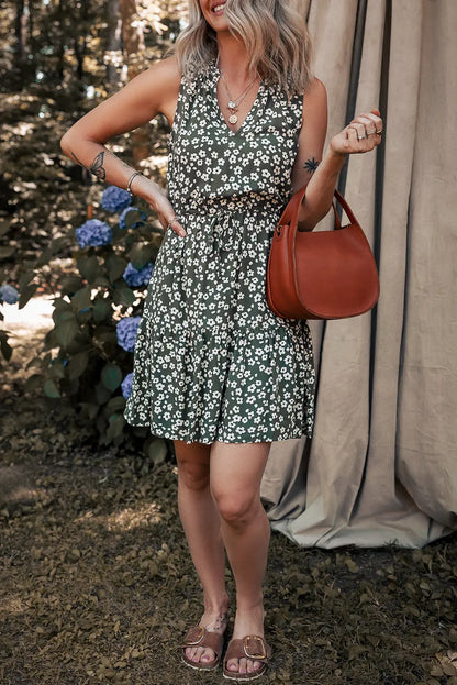 Green Boho Floral Print V Neck Tunic Sleeveless Dress Dear-Lover Dropshipping