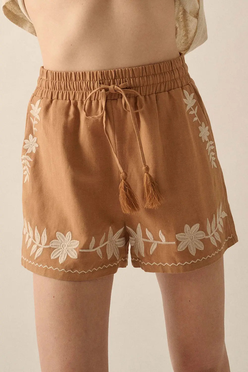 Khaki Embroidered Boho Tasseled Drawstring Elastic Waistband Casual shorts Dear-Lover Dropshipping