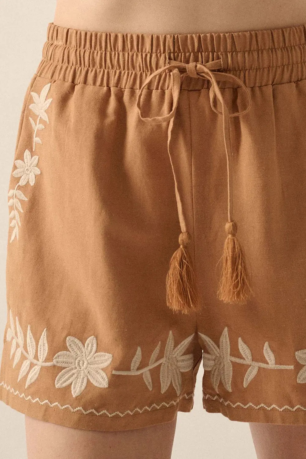 Khaki Embroidered Boho Tasseled Drawstring Elastic Waistband Casual shorts Dear-Lover Dropshipping