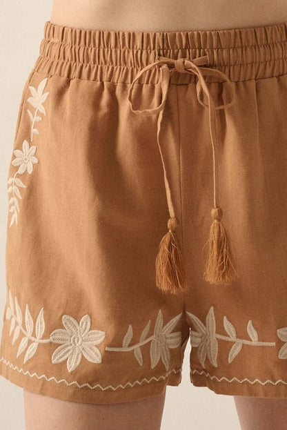 Khaki Embroidered Boho Tasseled Drawstring Elastic Waistband Casual shorts Dear-Lover Dropshipping