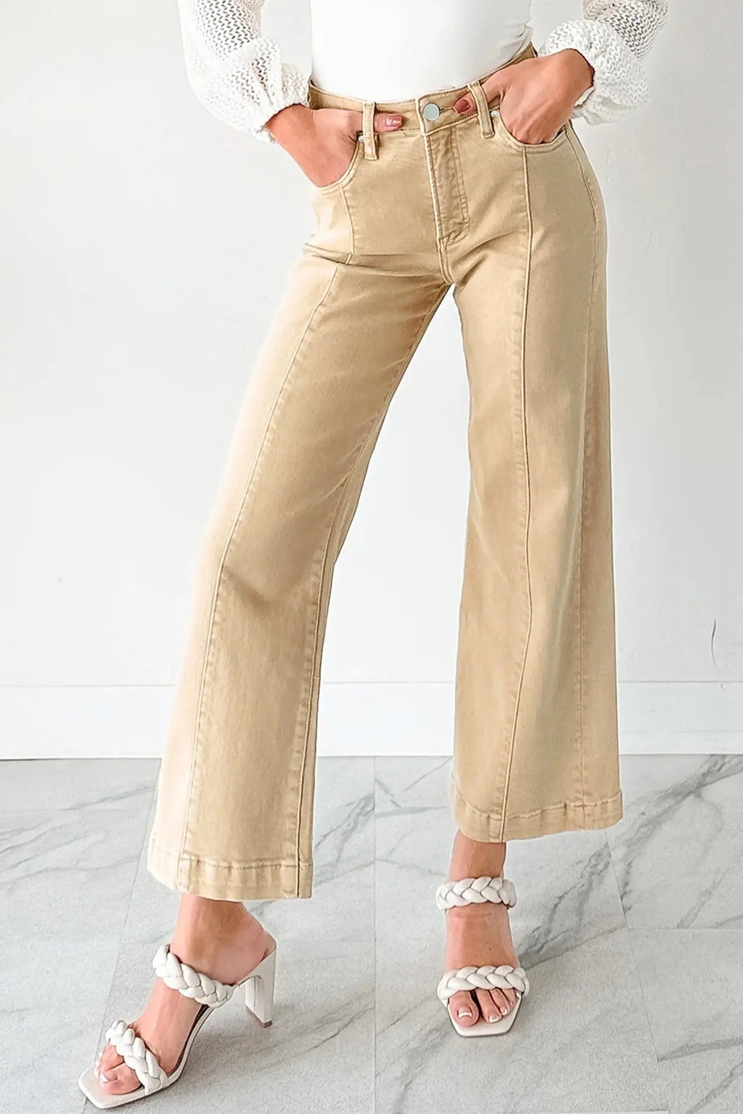 Red Sandalwood Solid Color Seamed Center Wide Leg Cropped Jeans Dear-Lover Dropshipping