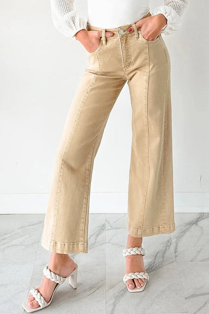 Red Sandalwood Solid Color Seamed Center Wide Leg Cropped Jeans Dear-Lover Dropshipping