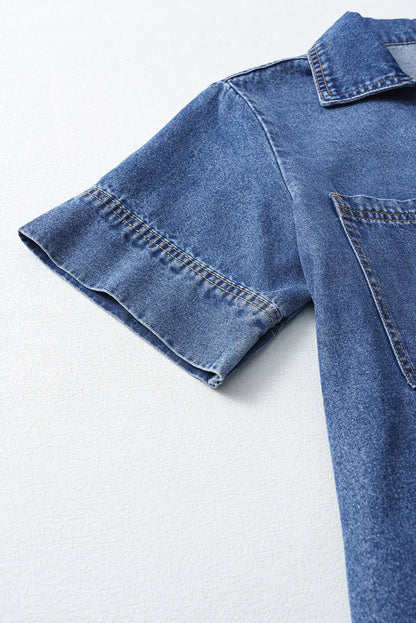 Blue Short Sleeve Collared Patched Pocket Denim Mini Dress Dear-Lover Dropshipping