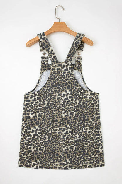 Gray Leopard Print Pocketed Loose Fit Denim Overall Dress Dear-Lover Dropshipping