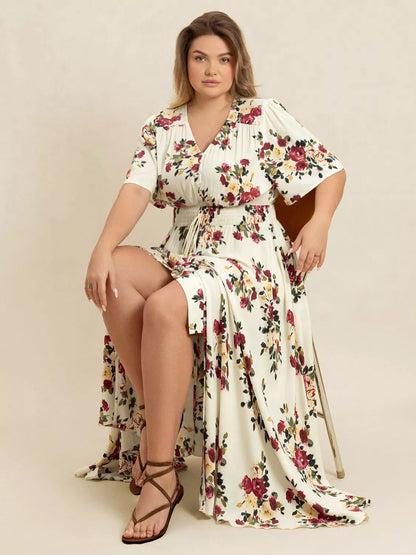 Plus Size Floral Flutter Sleeve Maxi Dress with Button Front