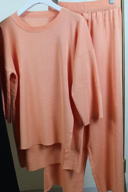 Women's Knitted Ice Silk Two-piece Suit Split Round-neck High Waist