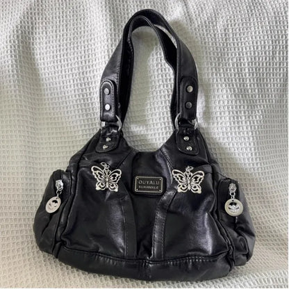 Xiuya Y2K Black Womens Shoulder Bag Gothic Original Advanced Fashion Tote Bag Large Capacity Leather Motorcycle Vintage Handbag
