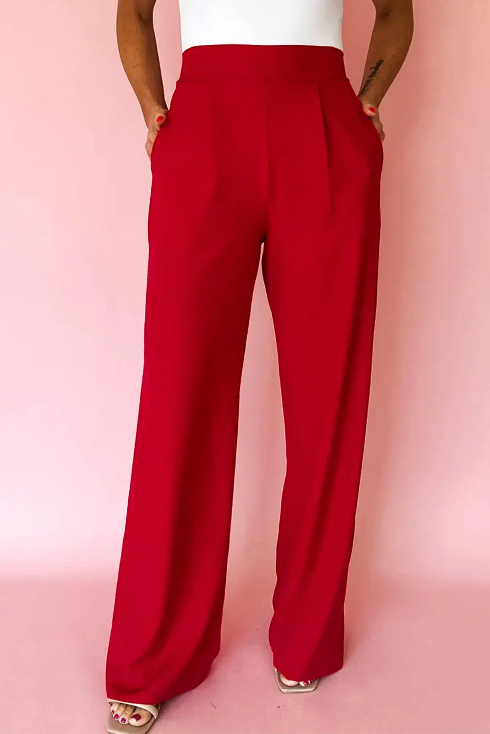 Fiery Red Pleated Detail Pull On High Elastic Waist Loose Straight Pants Dear-Lover Dropshipping