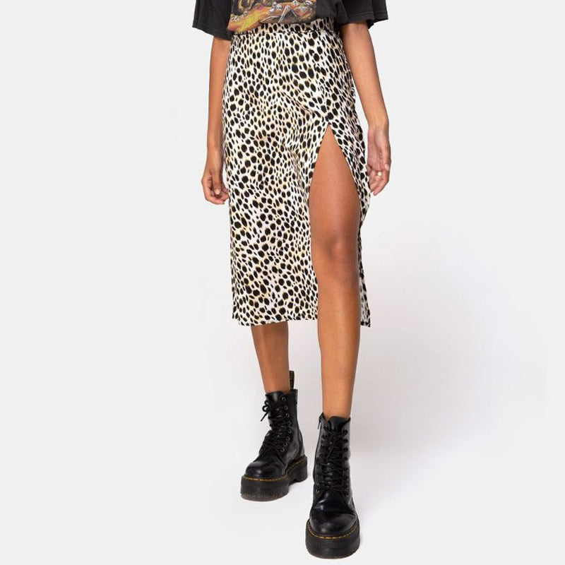European And American Leopard Print Long Skirt High Waist Slit Hip Skirt