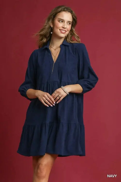 Umgee Tiered Corduroy Mini Dress with Balloon Sleeves Crimson Medea