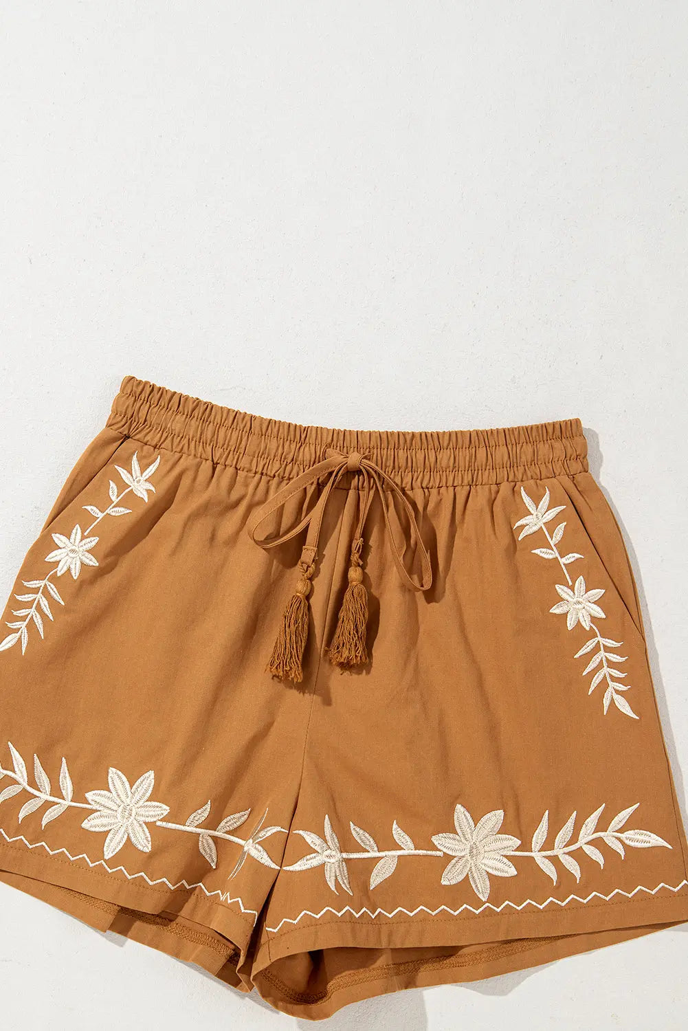 Khaki Embroidered Boho Tasseled Drawstring Elastic Waistband Casual shorts Dear-Lover Dropshipping