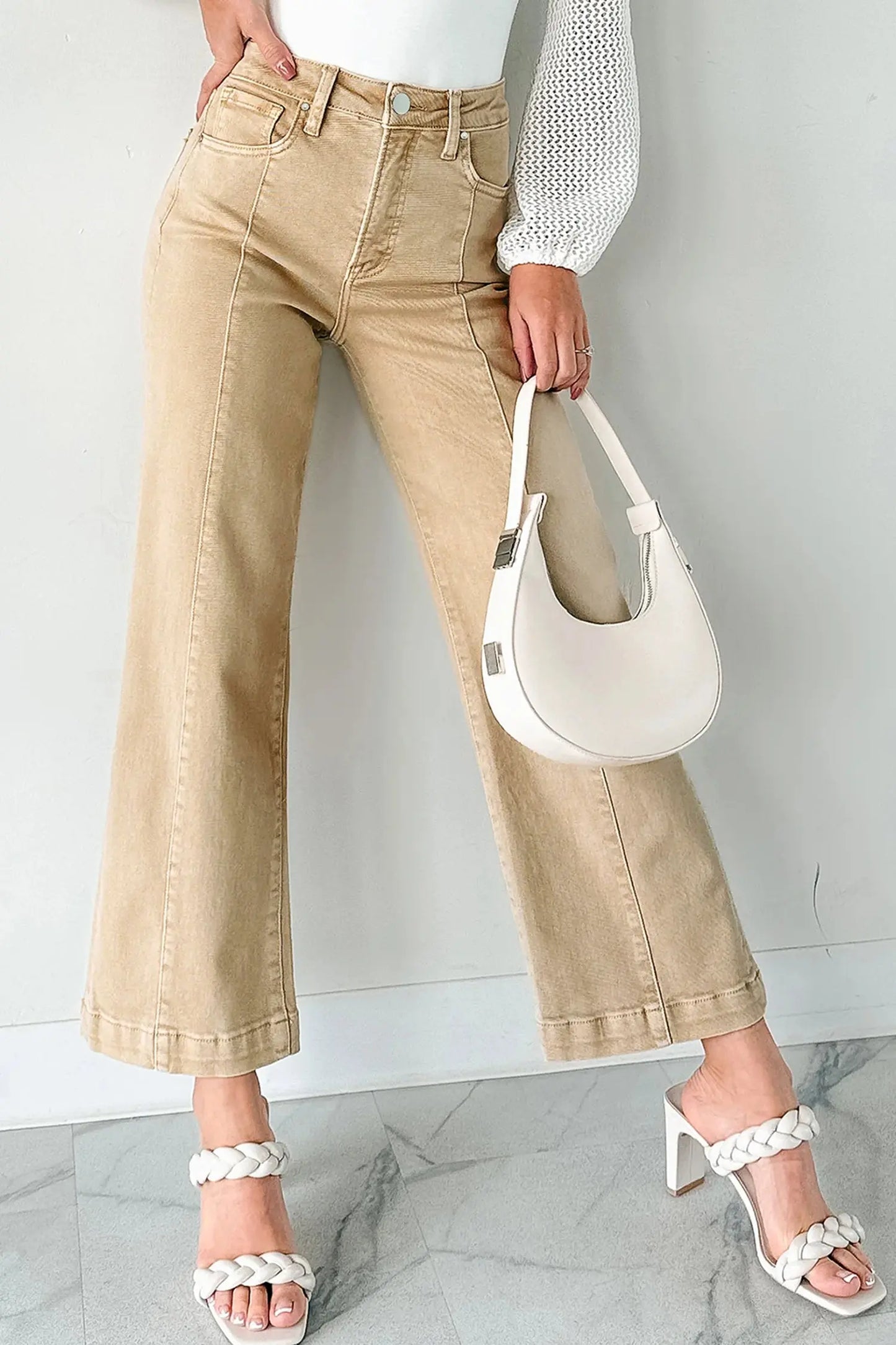 Red Sandalwood Solid Color Seamed Center Wide Leg Cropped Jeans Dear-Lover Dropshipping