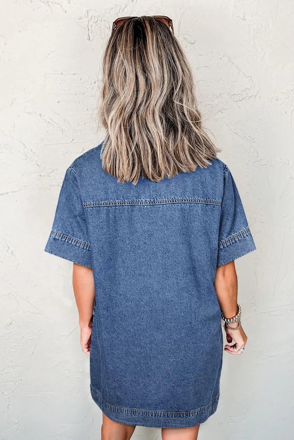 Blue Short Sleeve Collared Patched Pocket Denim Mini Dress Dear-Lover Dropshipping