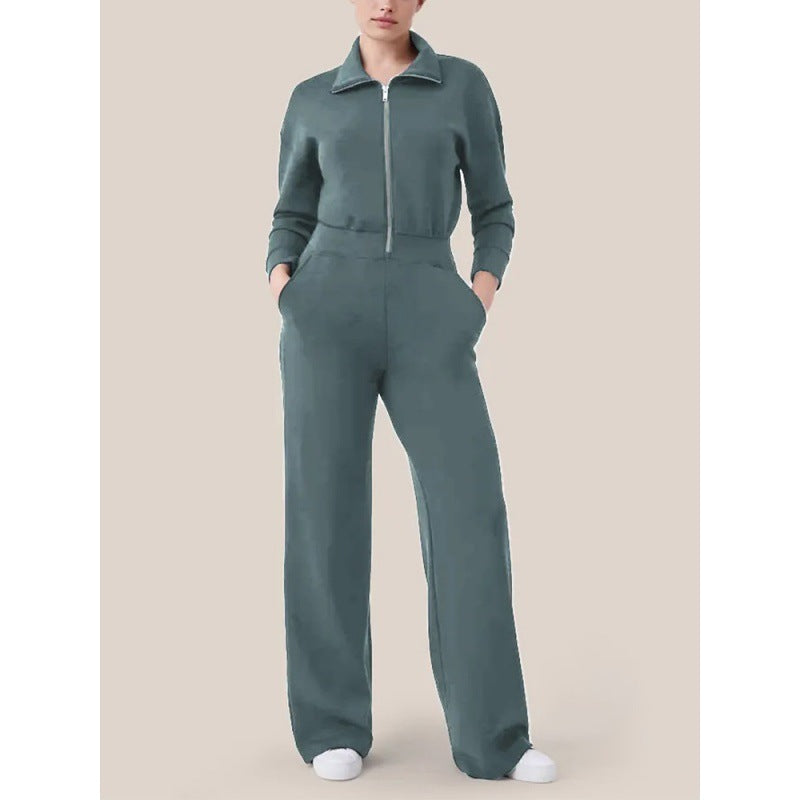 Zipper And Lapel Sweater Suit For Women