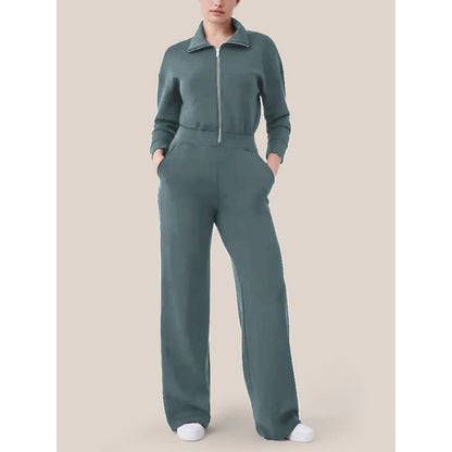 Zipper And Lapel Sweater Suit For Women