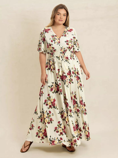 Plus Size Floral Flutter Sleeve Maxi Dress with Button Front