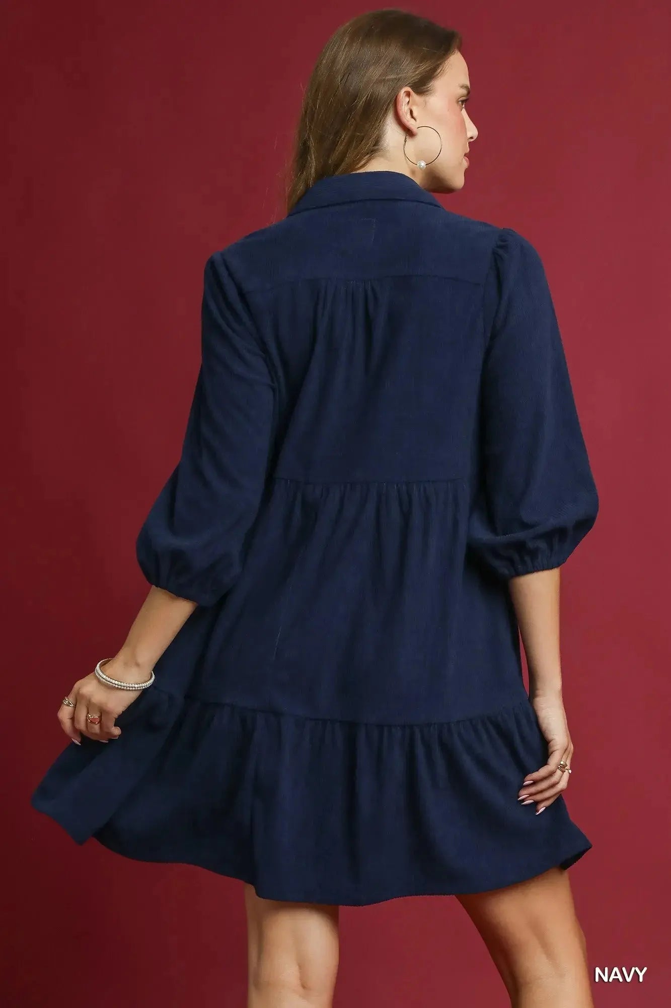 Umgee Tiered Corduroy Mini Dress with Balloon Sleeves Crimson Medea
