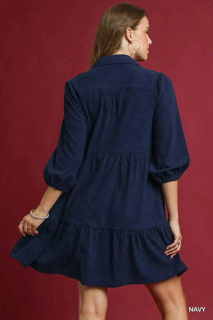 Umgee Tiered Corduroy Mini Dress with Balloon Sleeves Crimson Medea