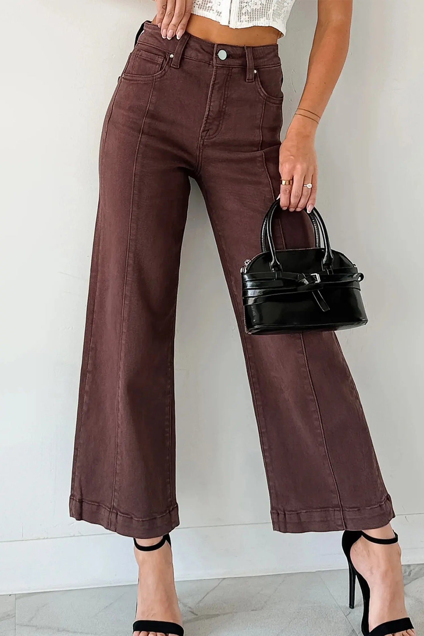 Red Sandalwood Solid Color Seamed Center Wide Leg Cropped Jeans Dear-Lover Dropshipping