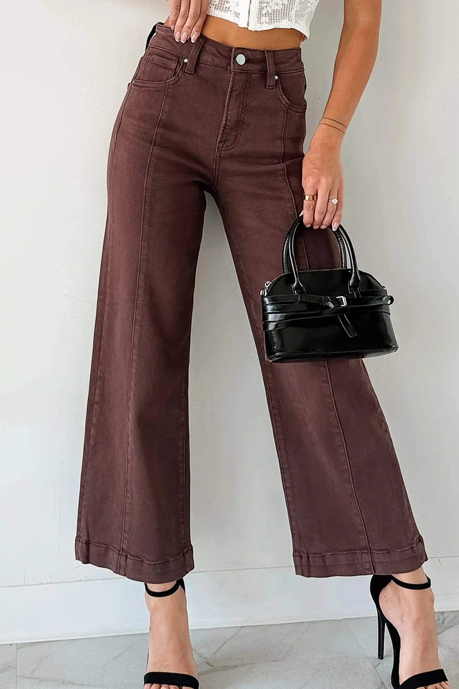 Red Sandalwood Solid Color Seamed Center Wide Leg Cropped Jeans Dear-Lover Dropshipping