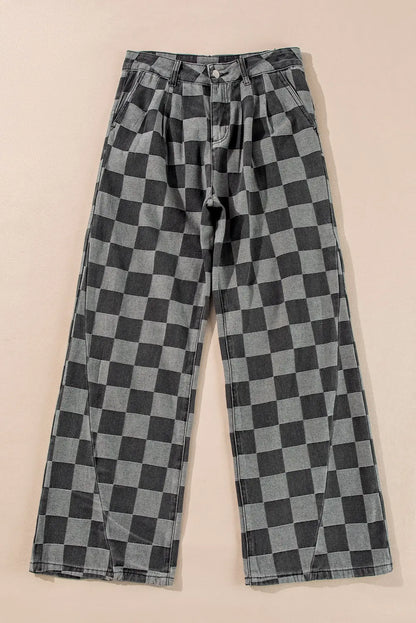 Dark Grey Checkered Denim Wide Leg Jeans Dear-Lover Dropshipping