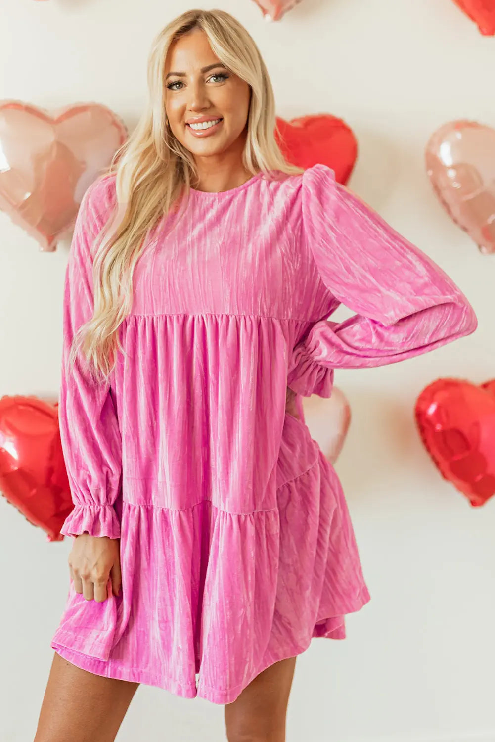 Strawberry Pink Flounce Sleeve Tiered Ruffled Velvet Mini Dress Dear-Lover Dropshipping