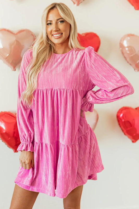 Strawberry Pink Flounce Sleeve Tiered Ruffled Velvet Mini Dress Dear-Lover Dropshipping