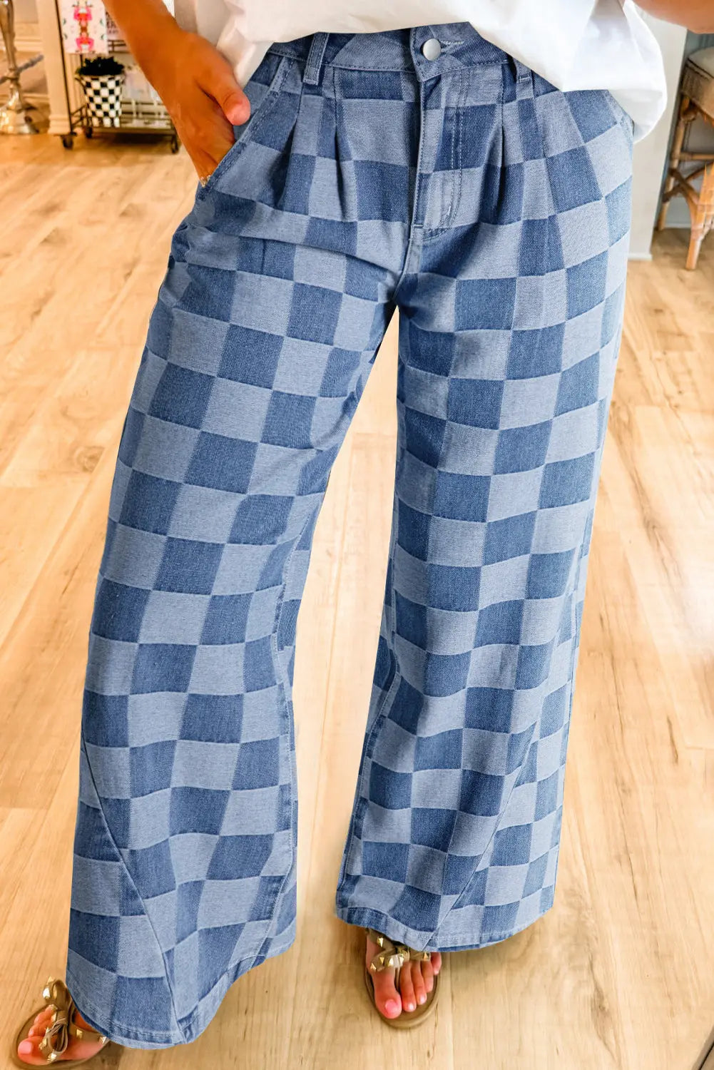 Dark Grey Checkered Denim Wide Leg Jeans Dear-Lover Dropshipping