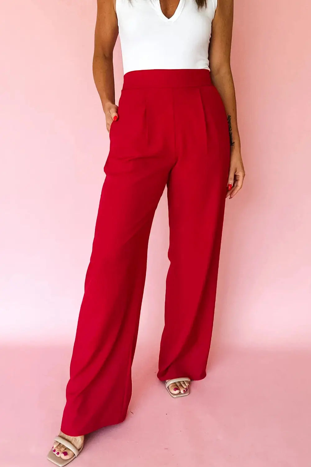Fiery Red Pleated Detail Pull On High Elastic Waist Loose Straight Pants Dear-Lover Dropshipping