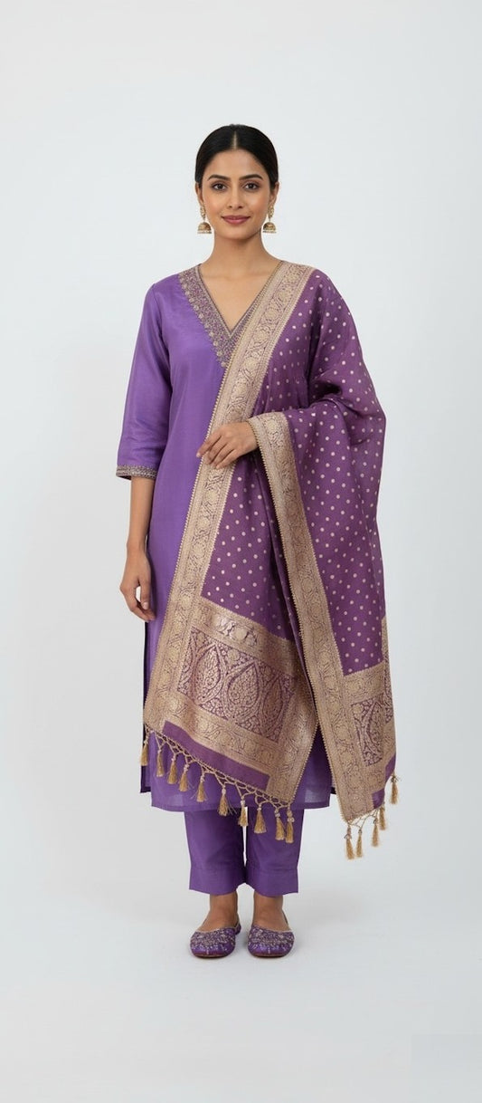 Purple Kurta Set with Banarasi Dupatta and Tassels (Size-XL)