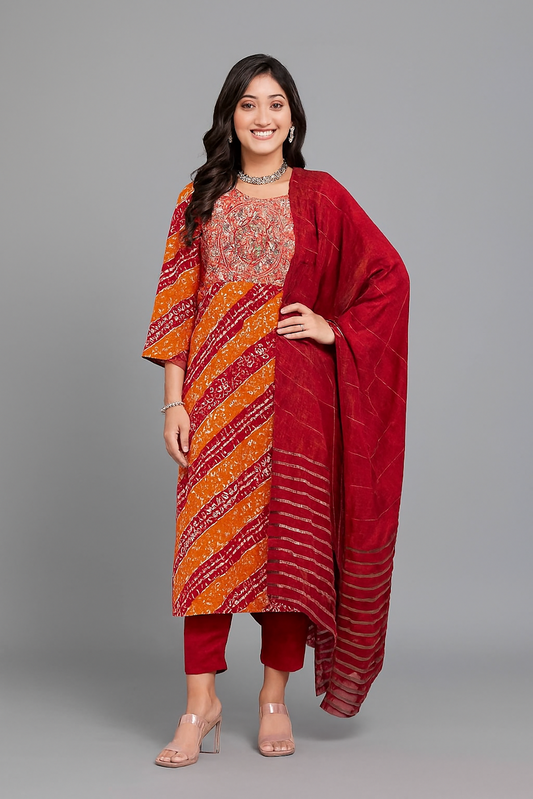 Women Kurta Set-Orange & Red (Size-XS) | D71