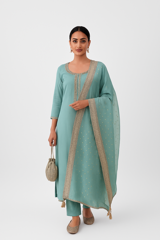 Blue Embroidered Kurta Set with Dupatta & Potli (Size-XL)