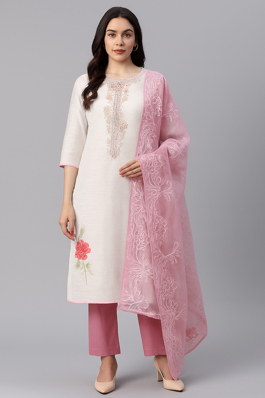 Elegant Ivory & Pink Embroidered Kurta Set with Sheer Dupatta