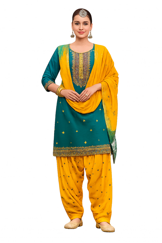 Women Embroidery Kurta Set-Blue & Yellow (Size-XXS) | D25