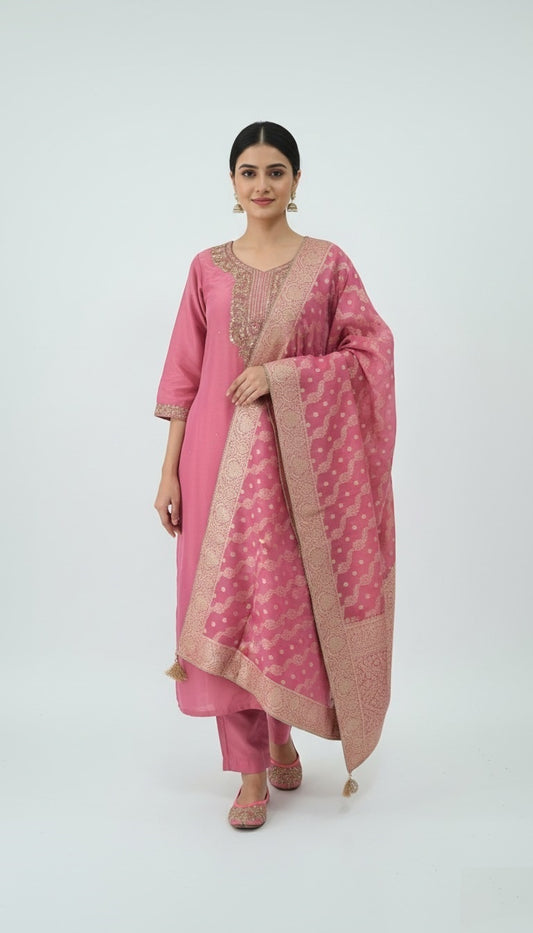 Rose Pink Kurta Set with Embroidered Banarasi Dupatta (Size-XL)