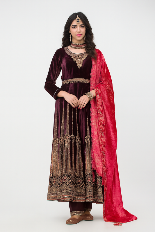 Women Embroidery Kurta Set-Purple (Size-XS) | D125