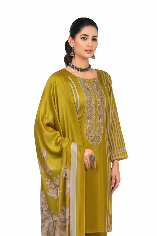 Women Embroidery Kurta Set-Mehendi (Size-M) | D258