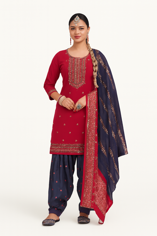 Women Embroidery Kurta Set-Red & Navy (Size-4XL) | D27