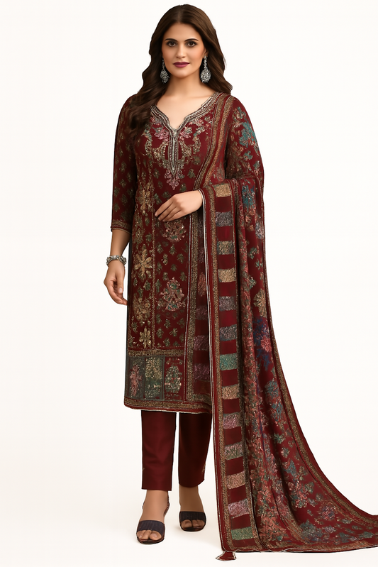 Women Embroidery Kurta Set-Maroon (Size-XS) | D16