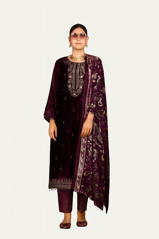 Women Embroidery Kurta Set-Wine (Size-L) | D120